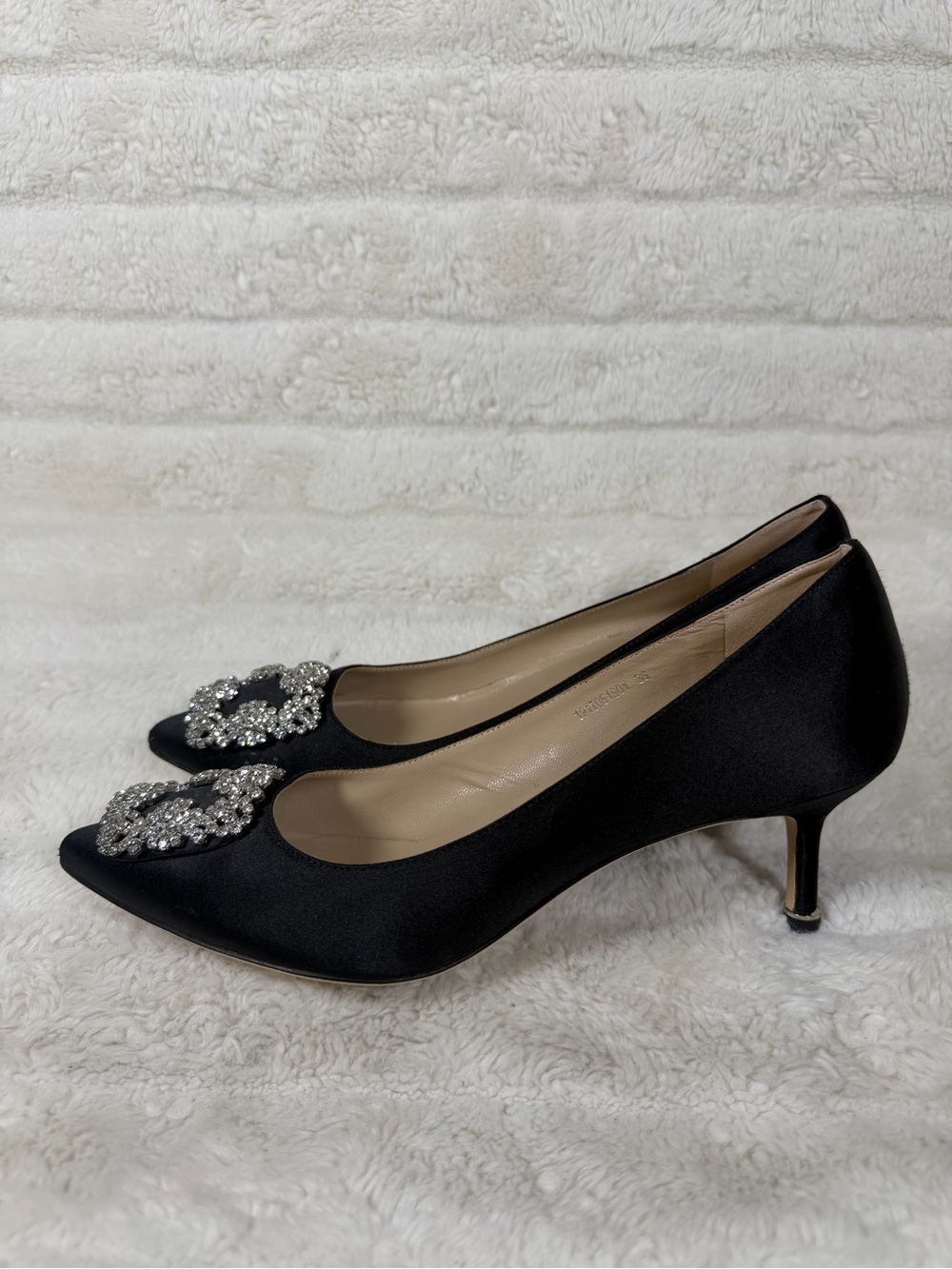 Christine Shell Women Rhinestone Square Buckle Black Satin Pumps Shoe SZ 38-7.5